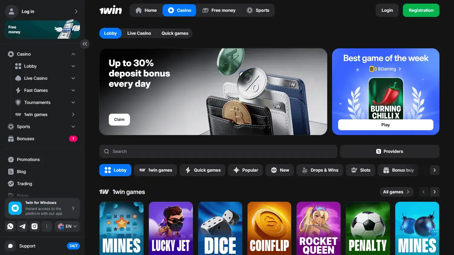 1win Casino, screenshot af hjemmesiden