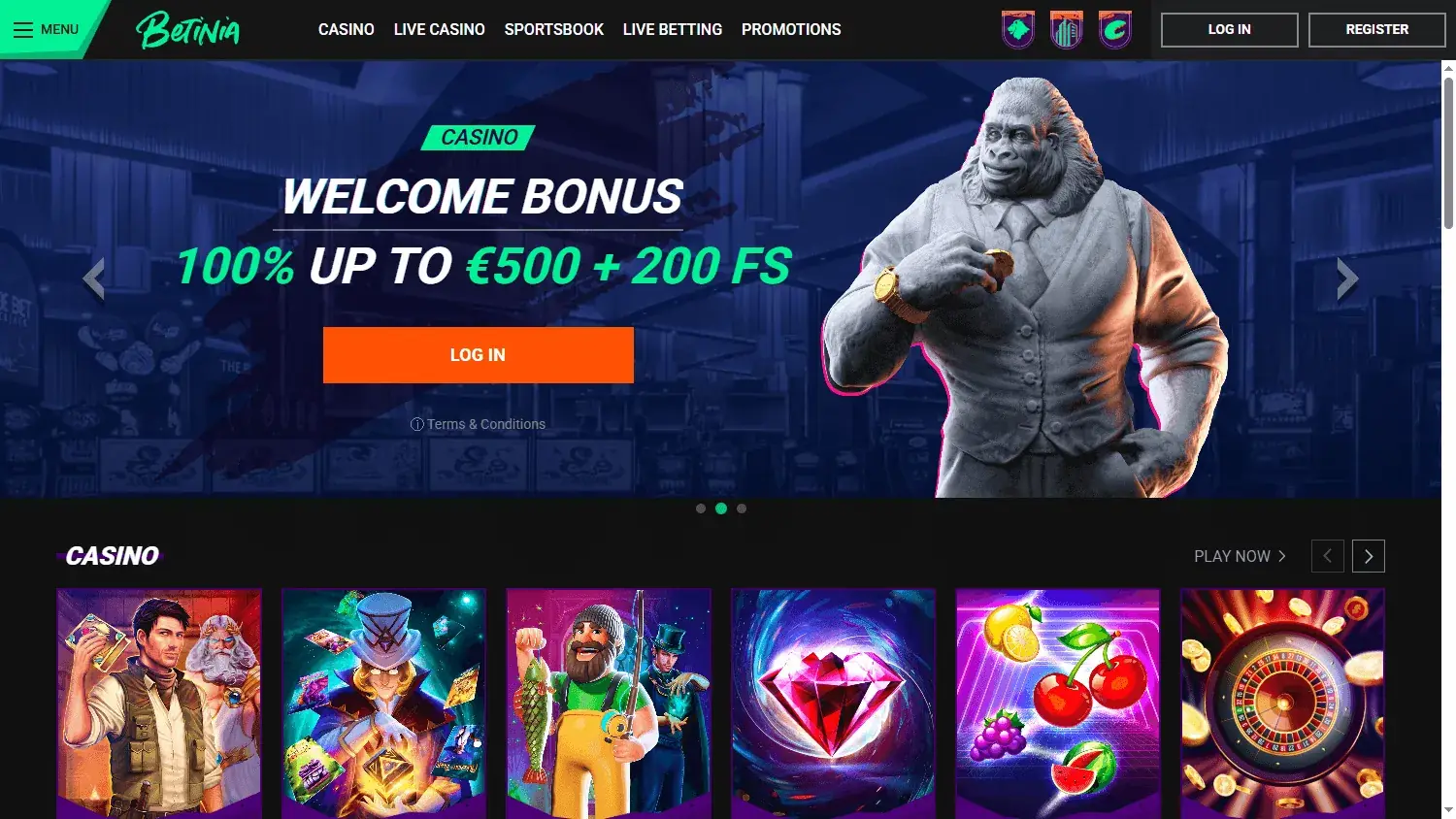 Betinia Casino, screenshot af hjemmesiden