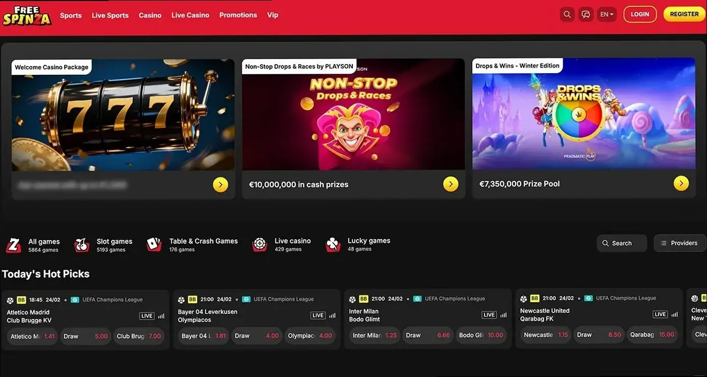 Free Spinza Casino lobby med gratis spins tilbud og nye spil