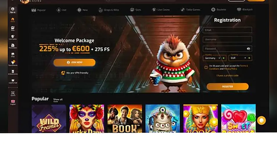 Hugo Casino, screenshot af hjemmesiden