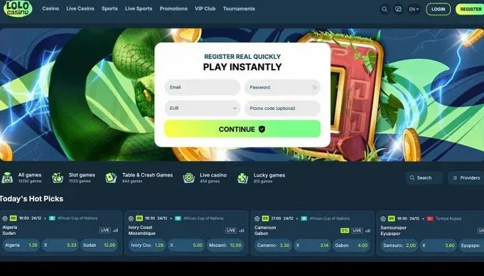Lolo Casino forside med ugentlige kampagner og spiludvalg
