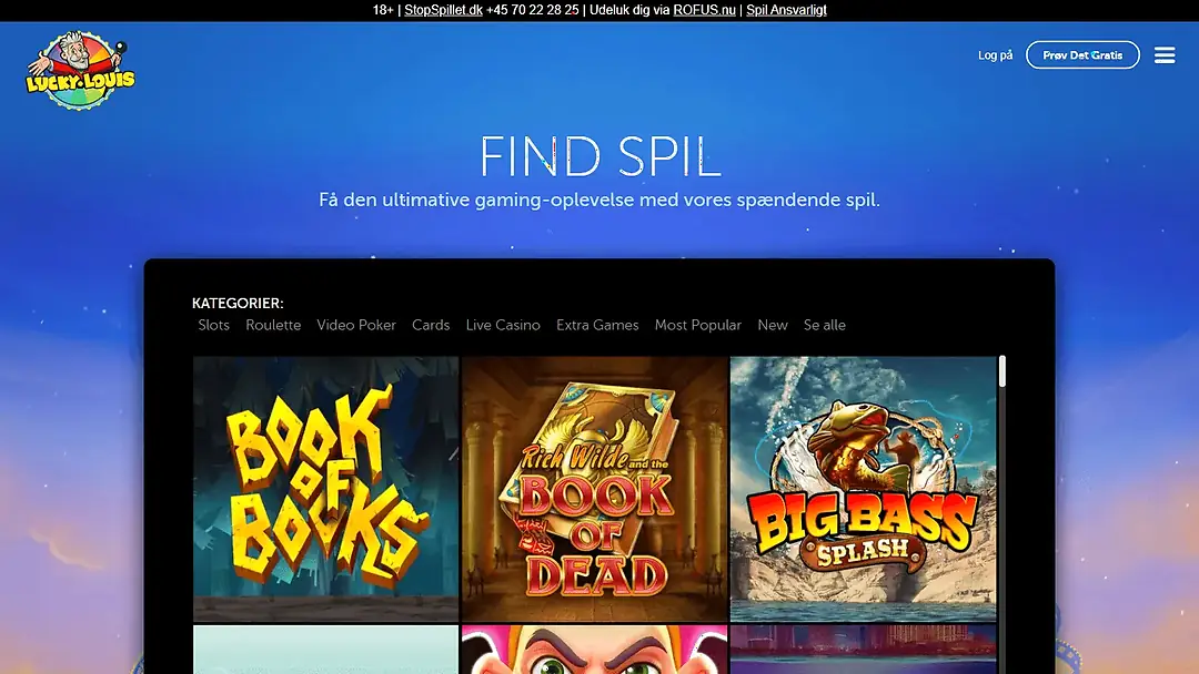 LuckyLouis Casino spillobby med spilleautomater fra Pragmatic Play og NetEnt