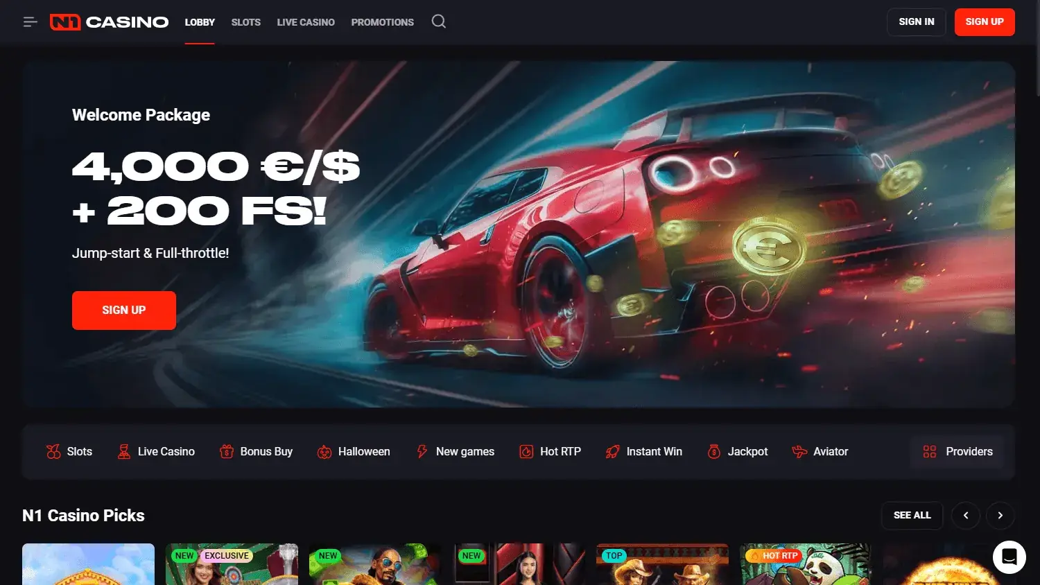 N1 Casino, screenshot af hjemmesiden